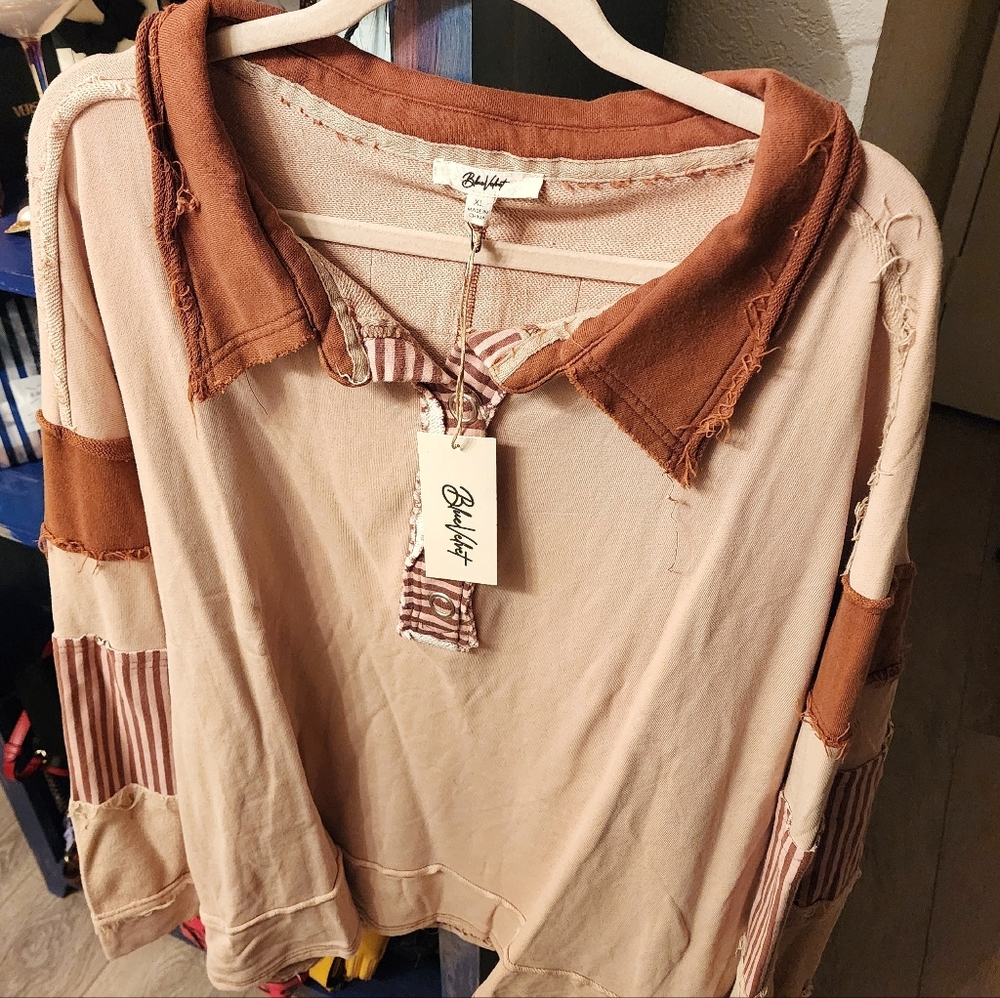 Bluevelvet Frayed Edges Patchwork Top